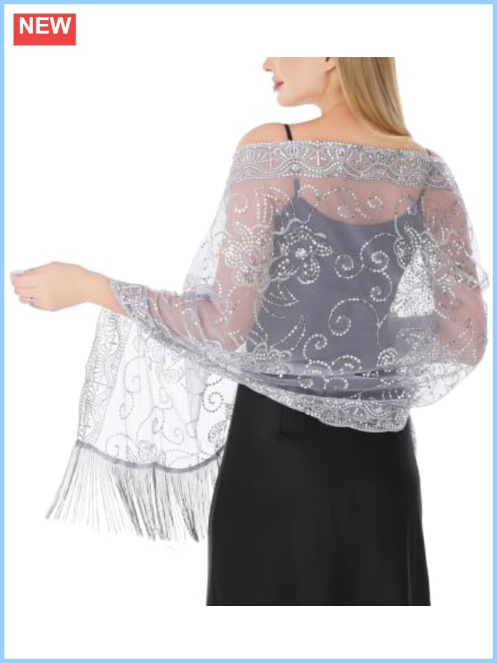 Sequin Floral Tulle Shawl Wrap for Evening Dress Bridal Wedding Cover-Up